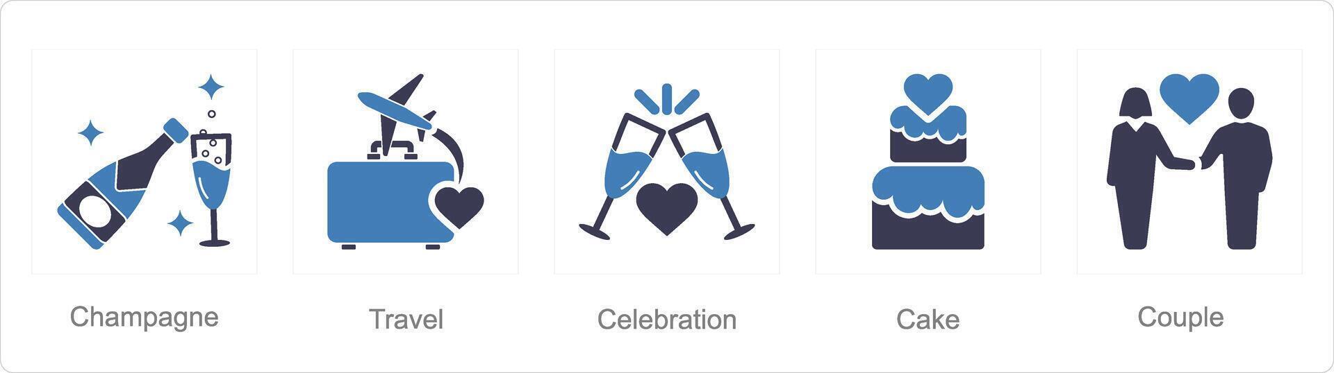 A set of 5 Honeymoon icons as champagne, travel, celebration vector