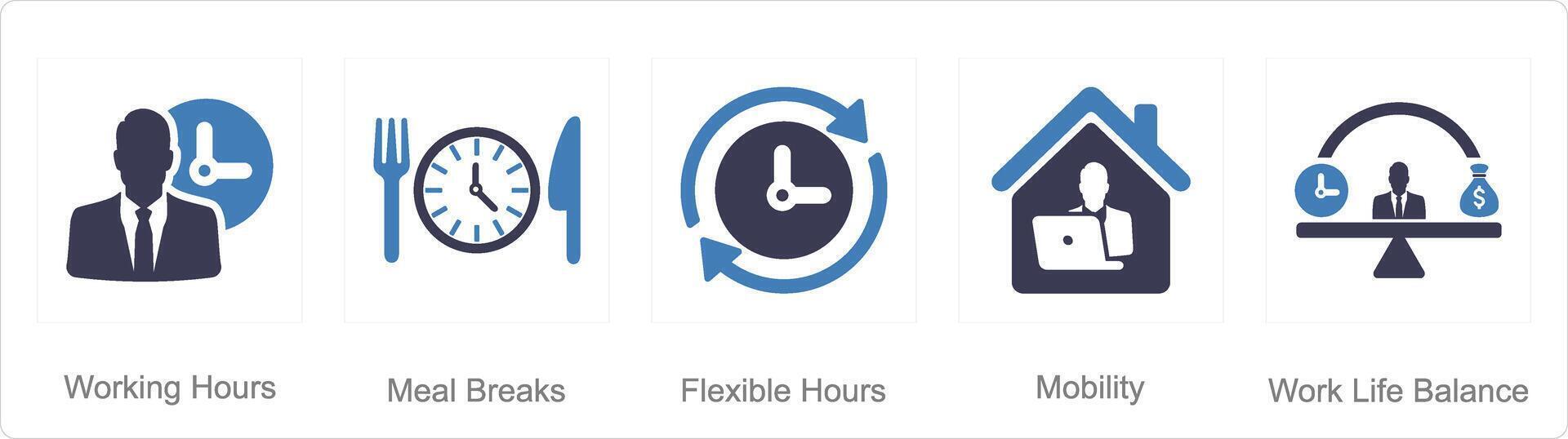 A set of 5 Employee Benefits icons as working hours, meal breaks, flexible hours vector