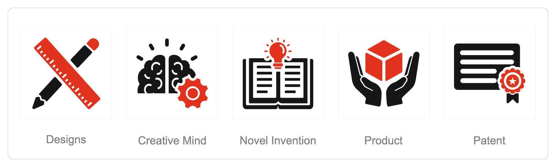 A set of 5 Intellectual Property icons as designs, creative mind, novel invention vector