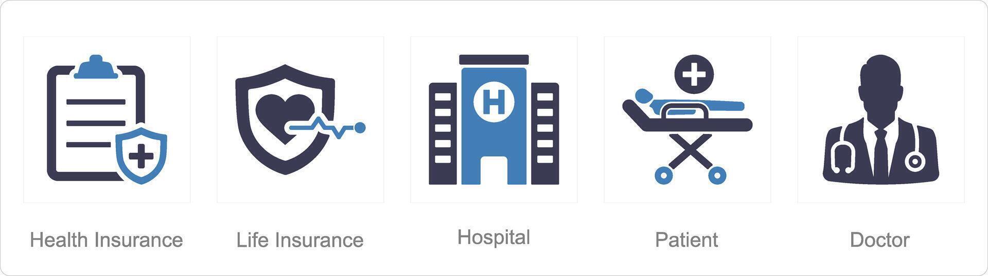 A set of 5 Health Checkup icons as health insurance, life insurance, hospital vector