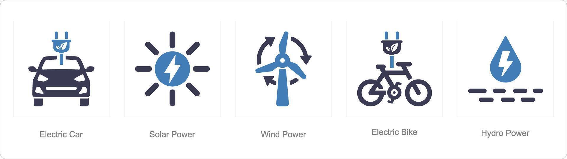 A set of 5 ecology icons as electric car, solar power, wind power vector