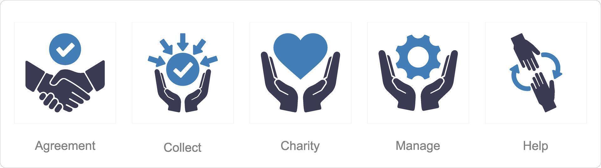 A set of 5 Hands icons as agreement, collect, charity vector