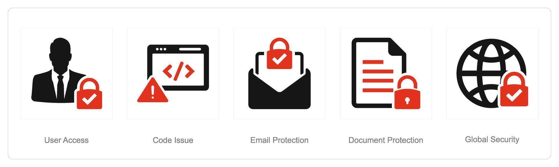 A set of 5 Cyber Security icons as user access, code issue, email protection vector