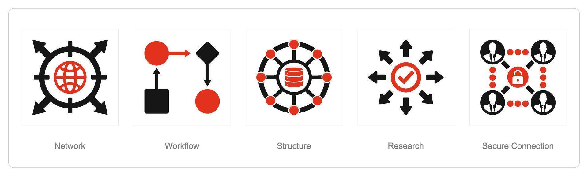 A set of 5 Data analysis icons as network, workflow, structure vector