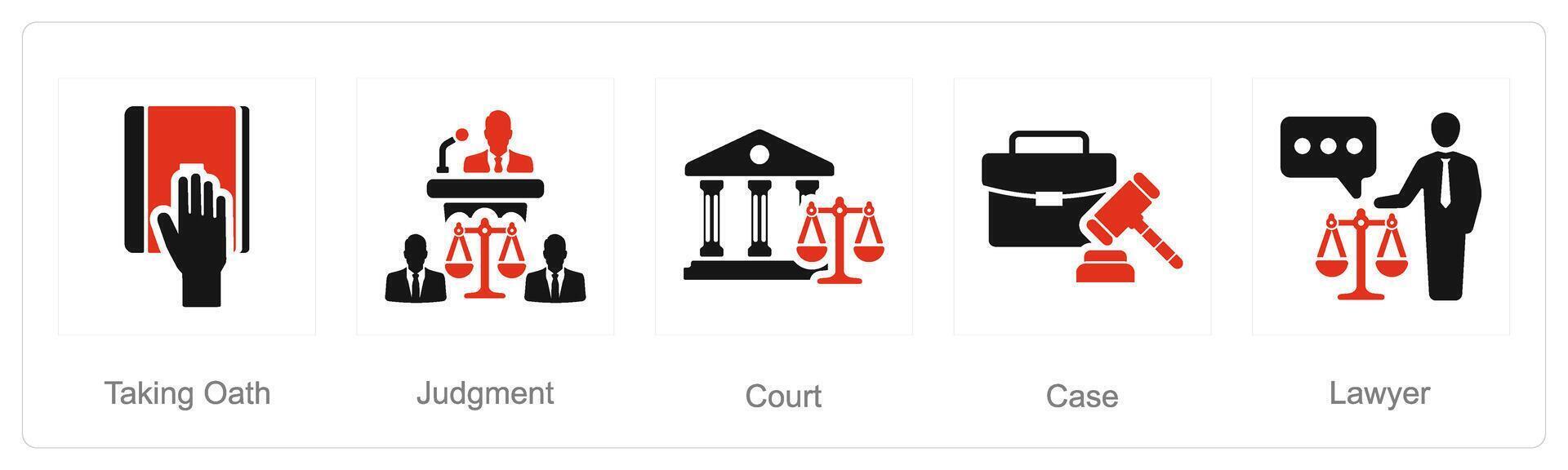 A set of 5 Justice icons as taking oath, judgement, court vector