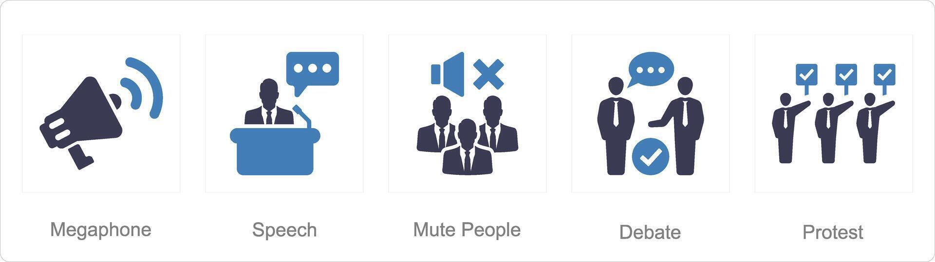 A set of 5 Freedom of Speech icons as megaphone, speech, mute people vector