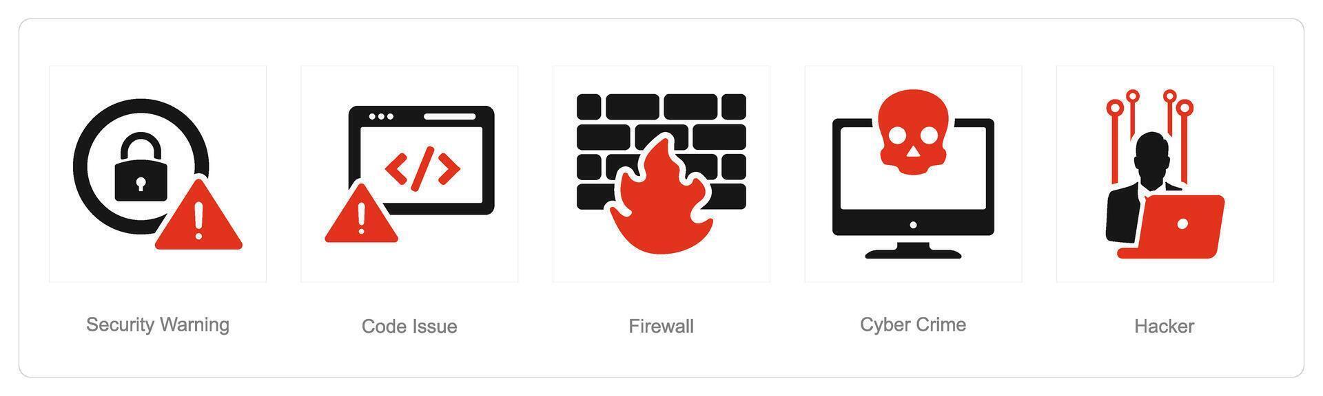 A set of 5 Cyber Security icons as security warning, code issue, firewall vector