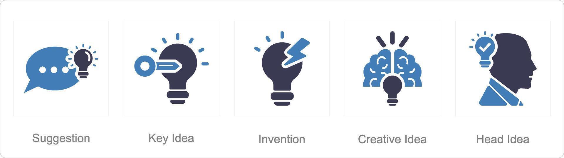 un conjunto de 5 5 idea íconos como sugerencia, llave idea, invención vector