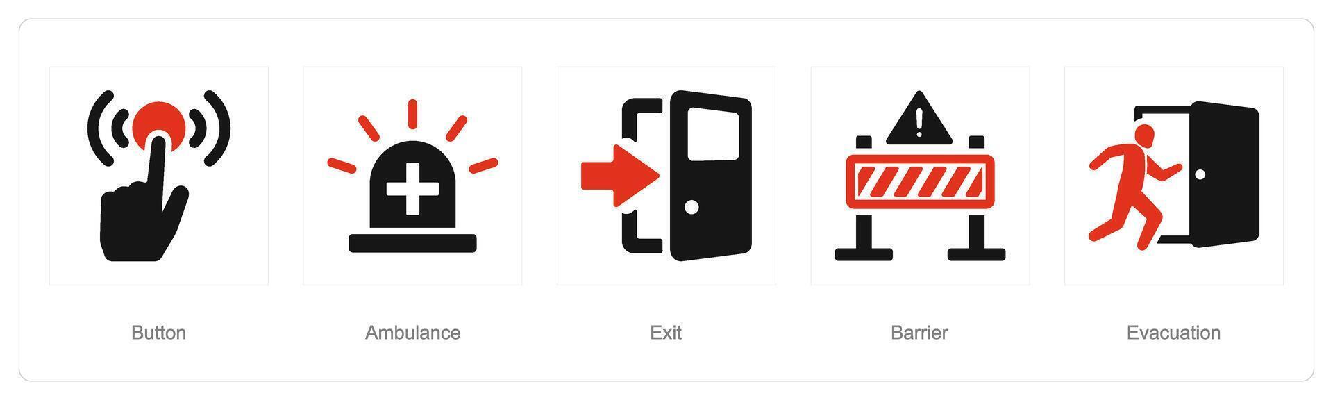 A set of 5 Emergency icons as button, ambulance, exit vector