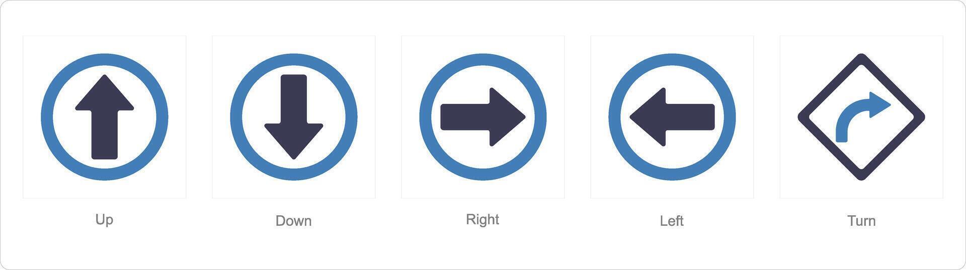 A set of 5 Direction icons as up, down, right vector