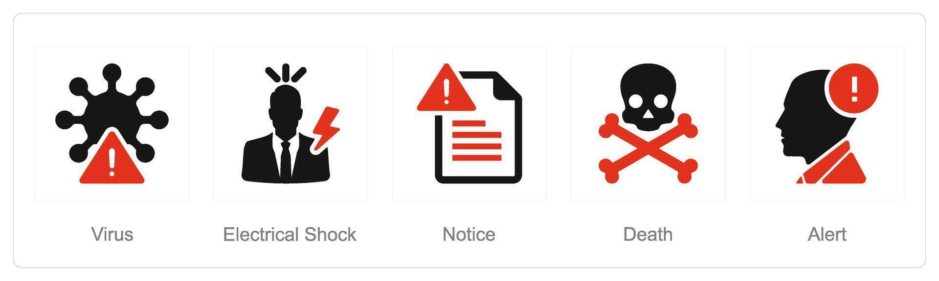 A set of 5 Hazard Danger icons as virus, electrical shock, notice vector