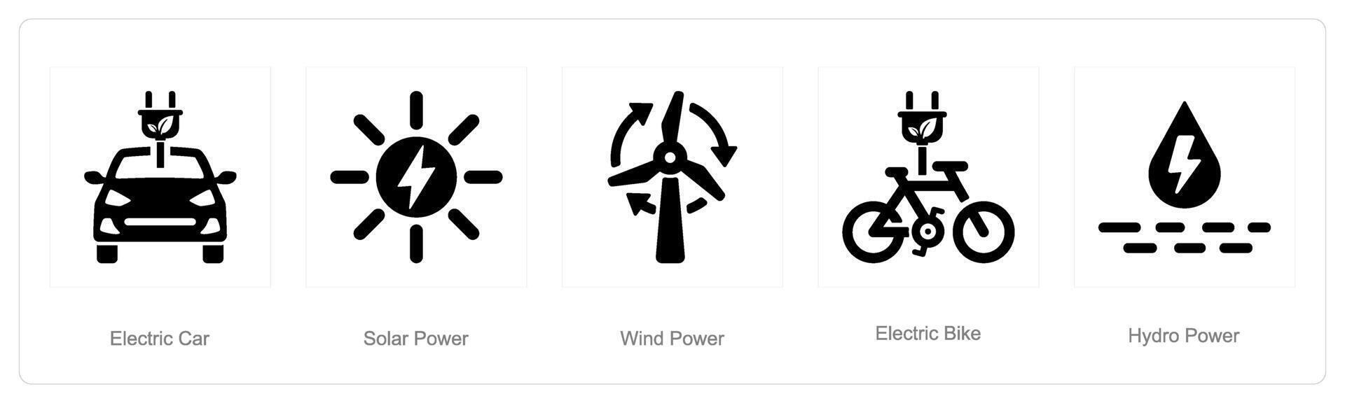 A set of 5 ecology icons as electric car, solar power, wind power vector