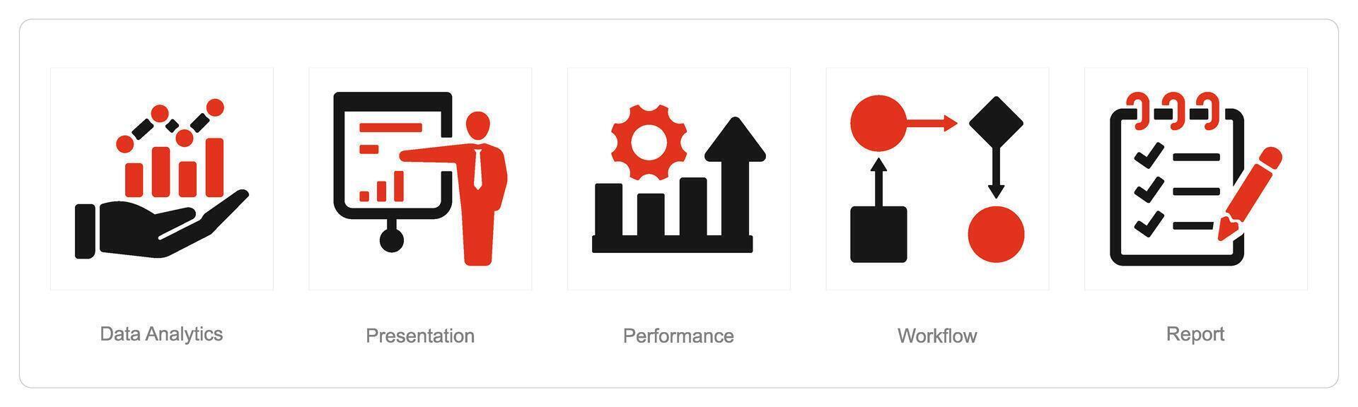 A set of 5 Data analysis icons as data analytics, presentation, performance vector