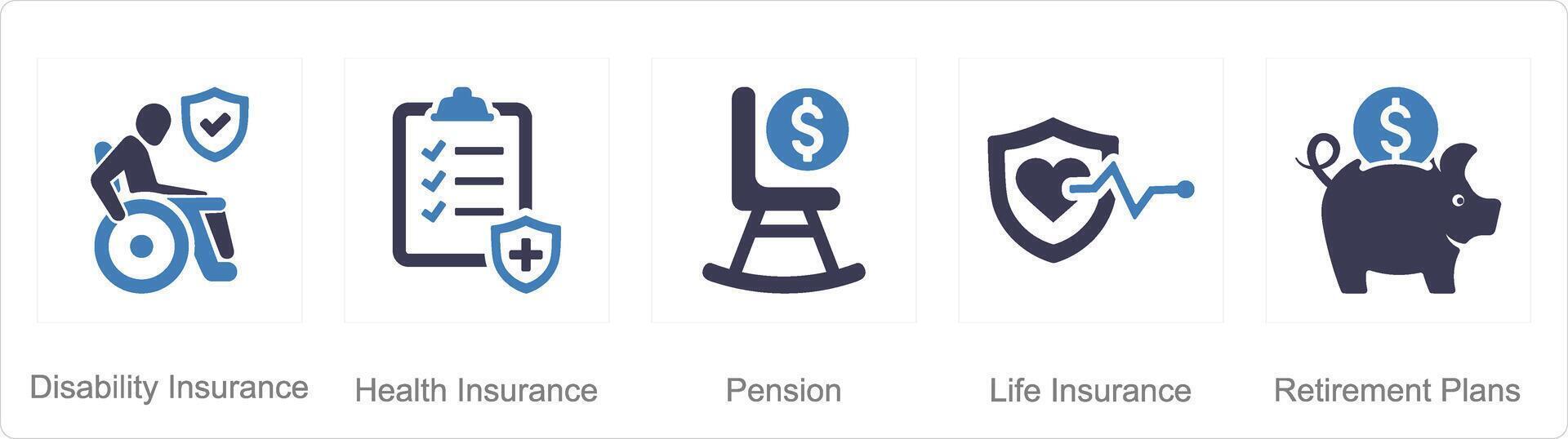 un conjunto de 5 5 empleado beneficios íconos como invalidez seguro, salud seguro, pensión vector