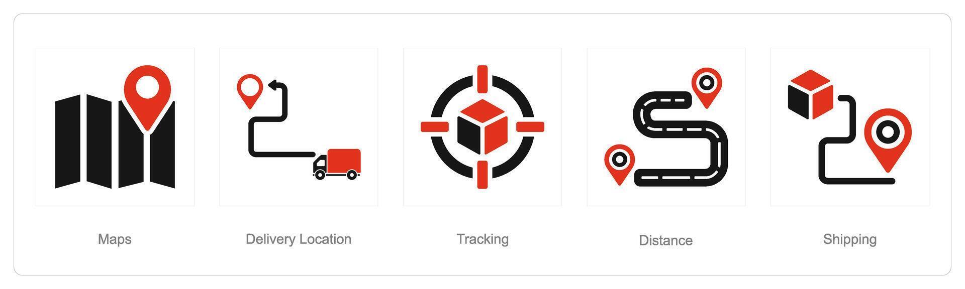 A set of 5 delivery icons as maps, delivery location, tracking vector