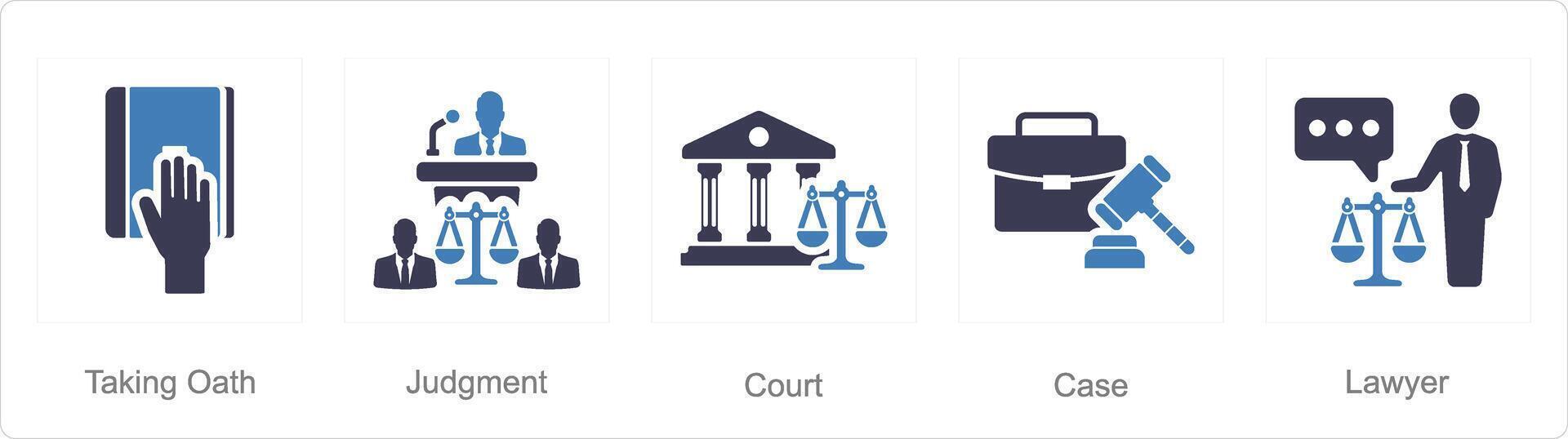 A set of 5 Justice icons as taking oath, judgement, court vector