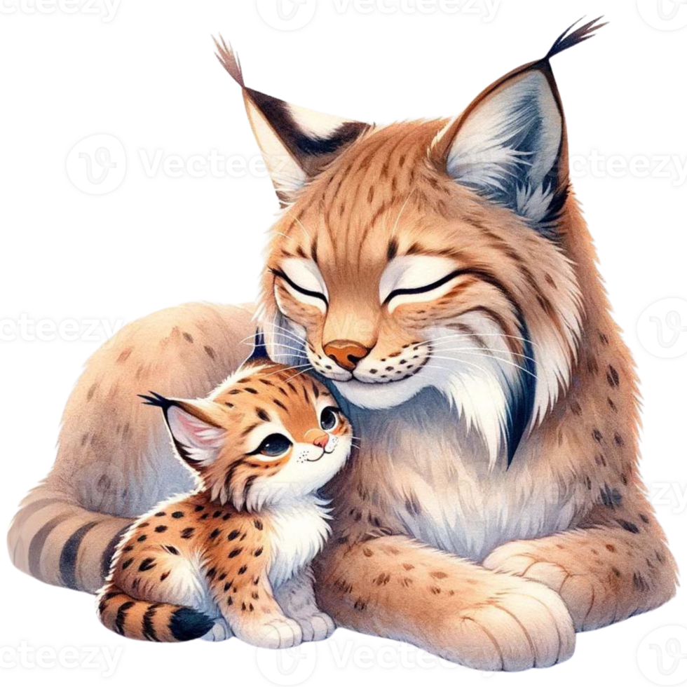 AI generated Mother and baby Lynx  animal watercolor clipart. Ai Generate png