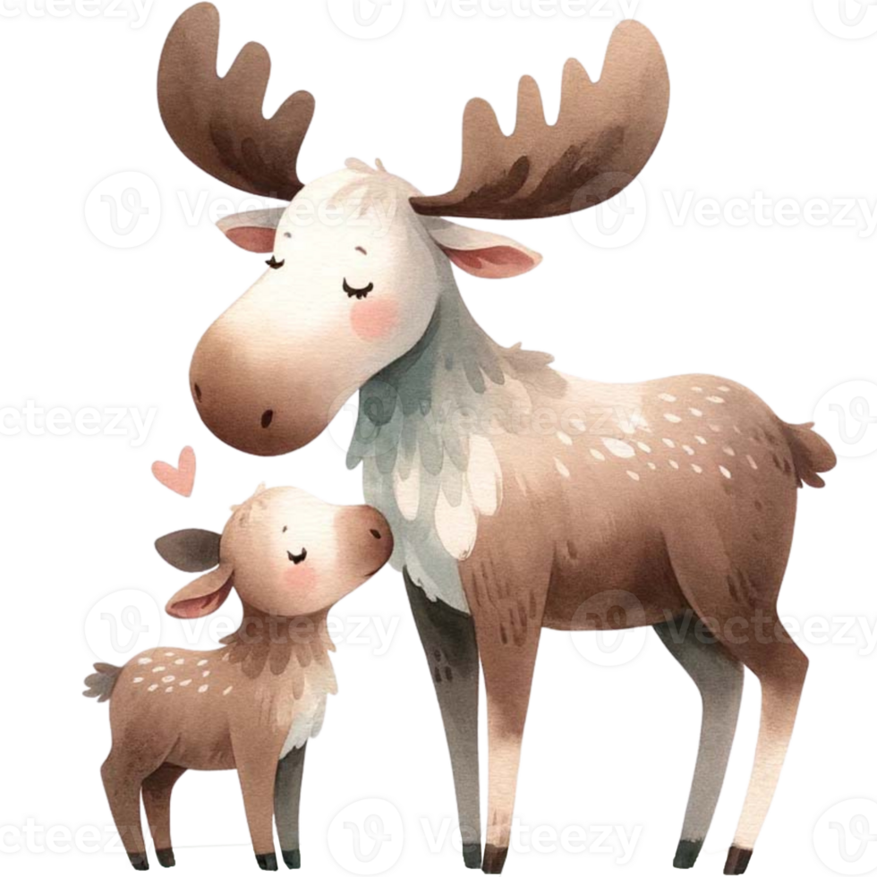 AI generated Mother and baby Moose animal watercolor clipart. Ai Generate png