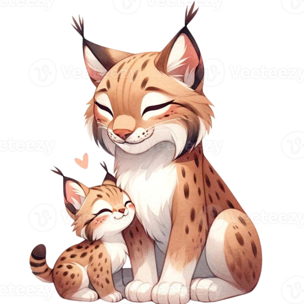 AI generated Mother and baby Lynx  animal watercolor clipart. Ai Generate png