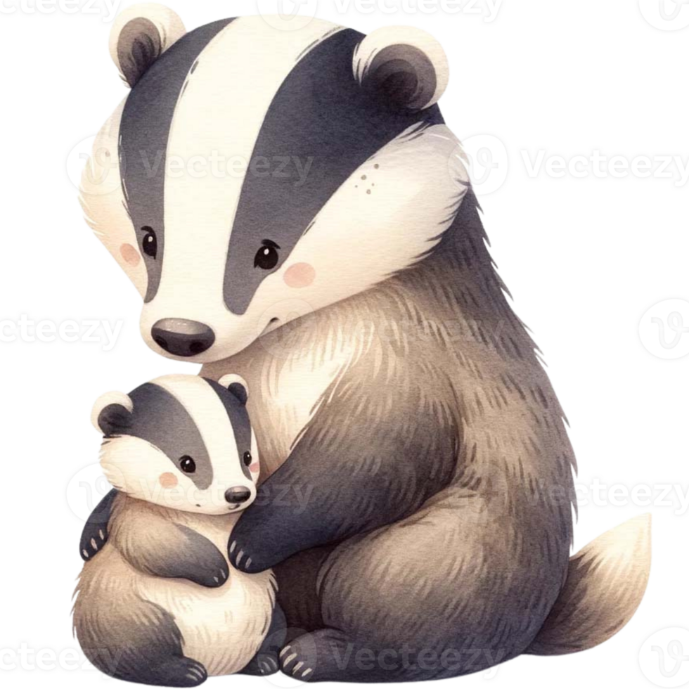 AI generated Mother and baby Badger watercolor clipart. Mother s day concept Ai Generate png