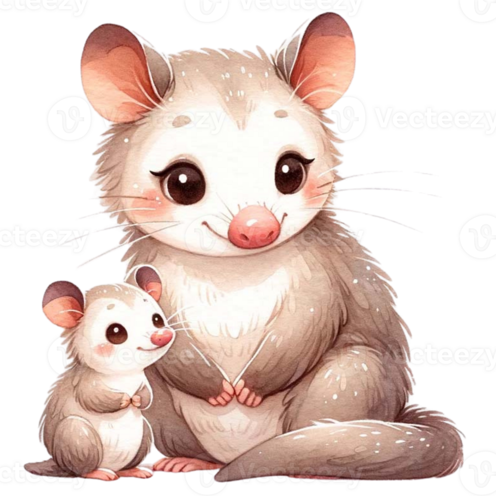 AI generated Mother and baby Possum animal watercolor clipart. Ai Generate png