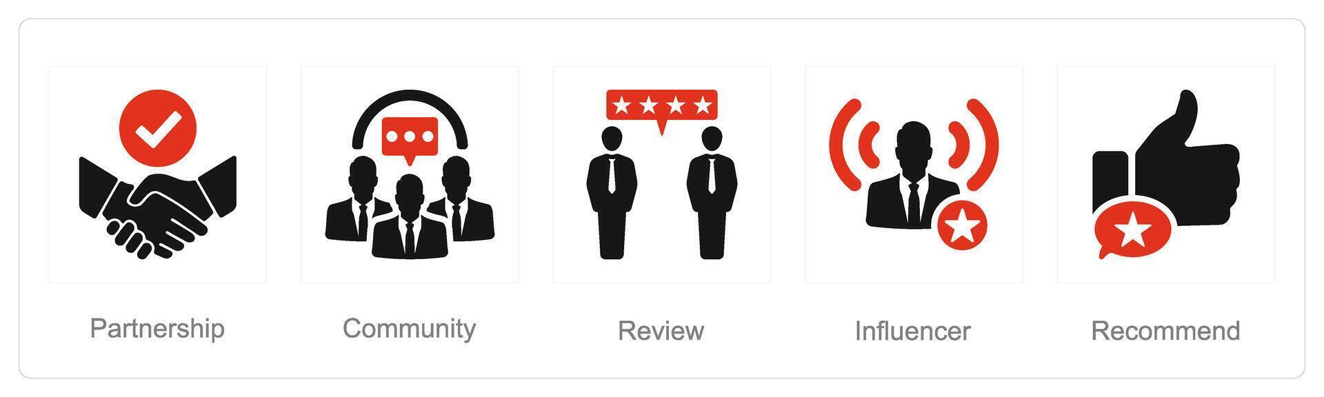 A set of 5 Influencer icons as partnership, community, review vector