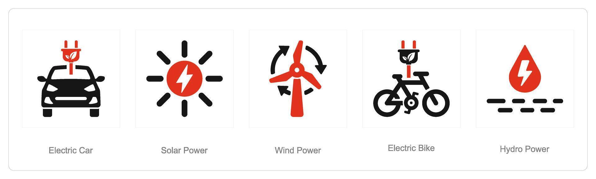 A set of 5 ecology icons as electric car, solar power, wind power vector