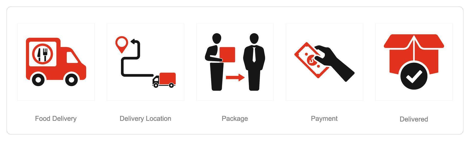 A set of 5 delivery icons as food delivery, delivery location, package vector