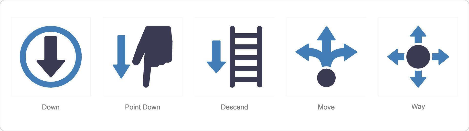 A set of 5 Direction icons as down, point down, descend vector