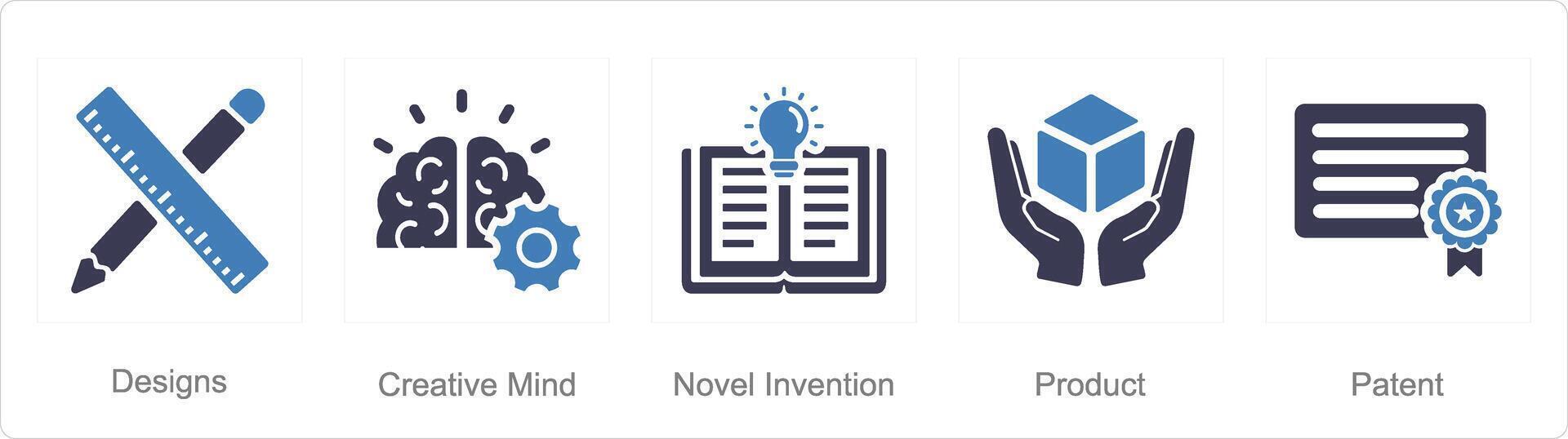 A set of 5 Intellectual Property icons as designs, creative mind, novel invention vector