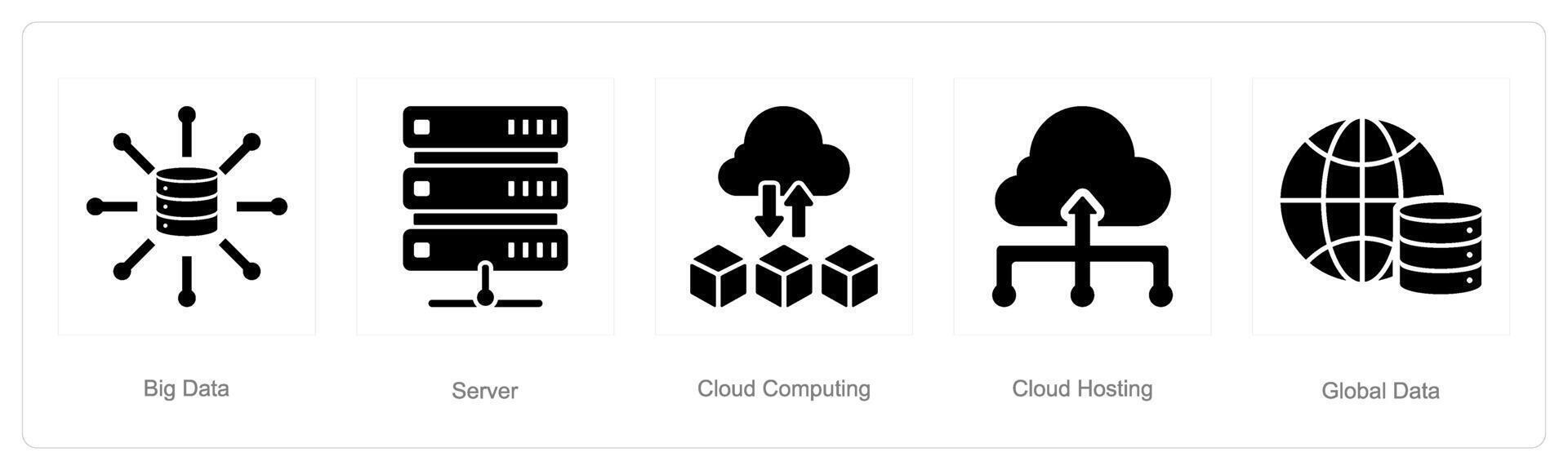 A set of 5 Data analysis icons as big data, server, cloud computing vector
