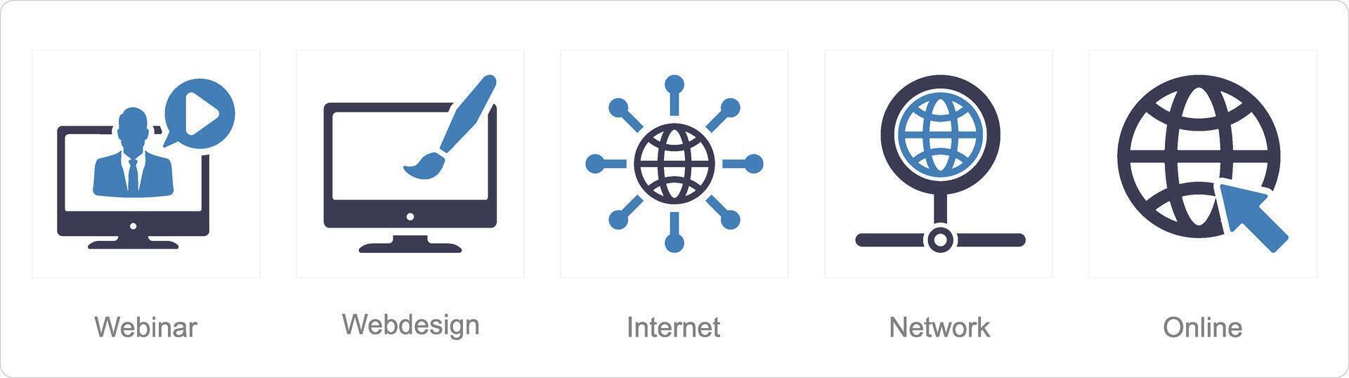 A set of 5 Internet Computer icons as webinar, web design, internet vector