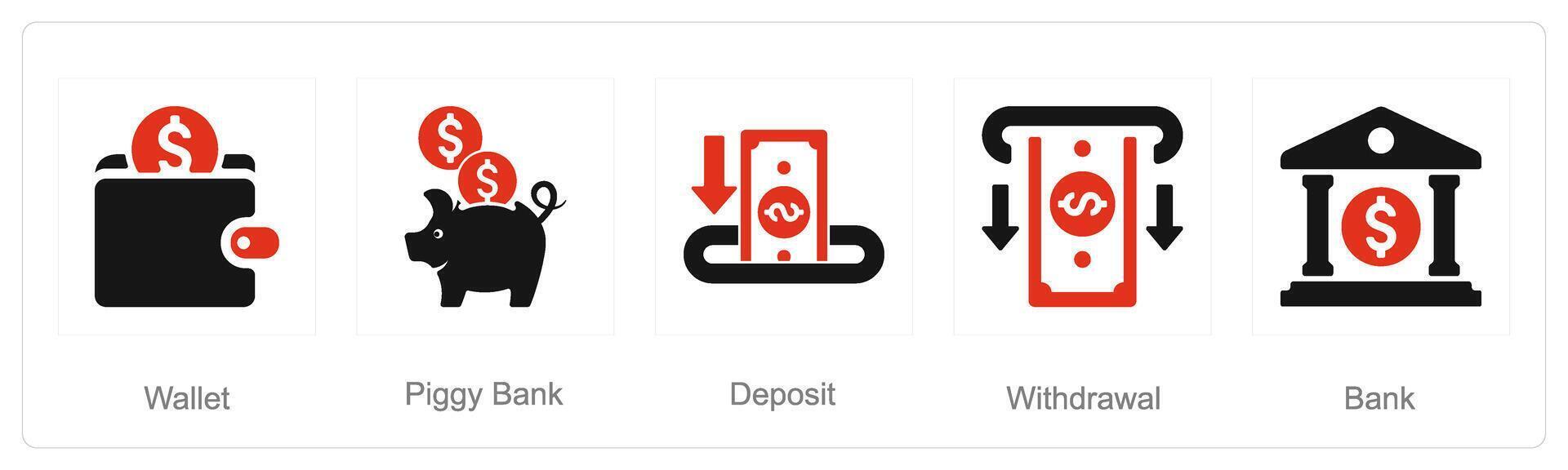 A set of 5 Finance icons as wallet, piggy bank, deposit vector