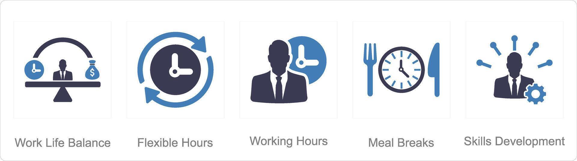 un conjunto de 5 5 empleado beneficios íconos como trabajo vida balance, flexible horas, trabajando horas vector