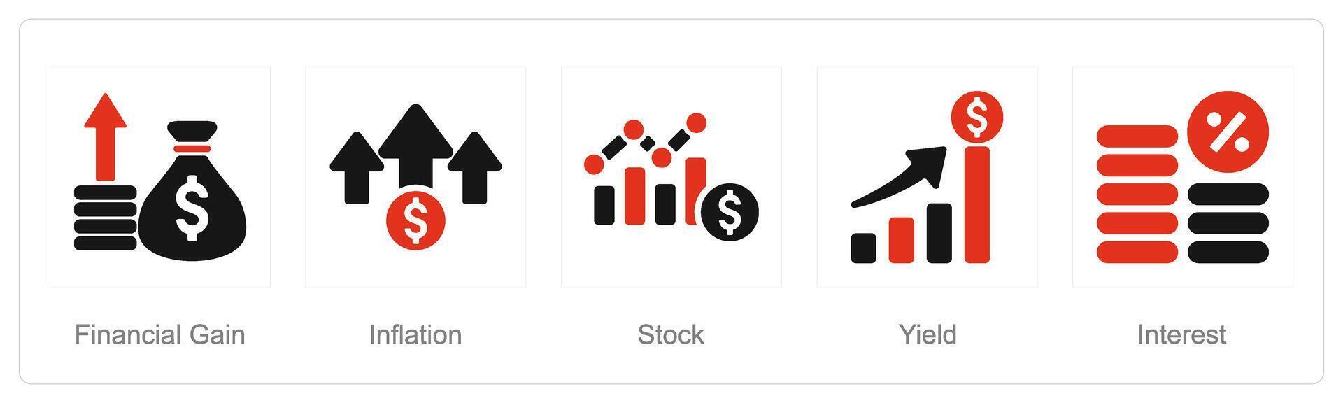 A set of 5 Investment icons as financial gain, inflation, stock vector