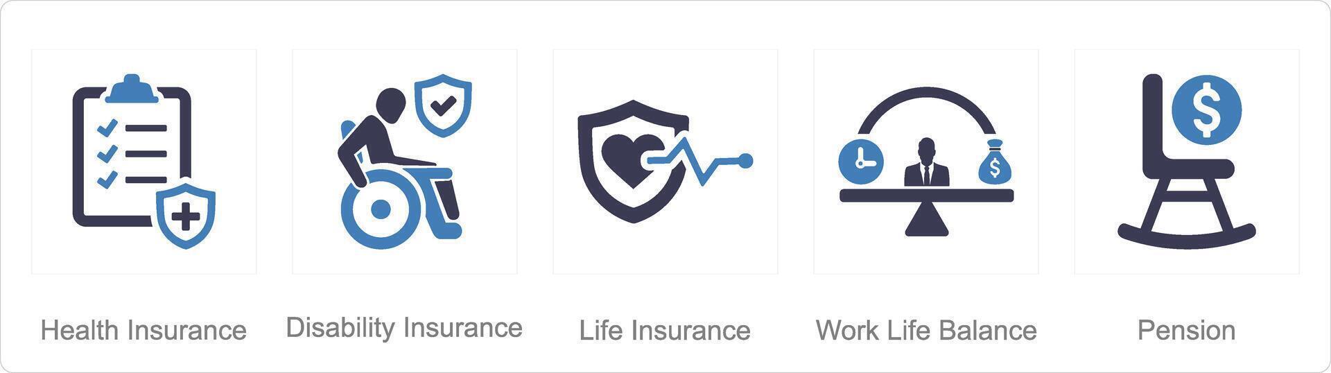 A set of 5 Employee Benefits icons as health insurance, disability insurance, life insurance vector