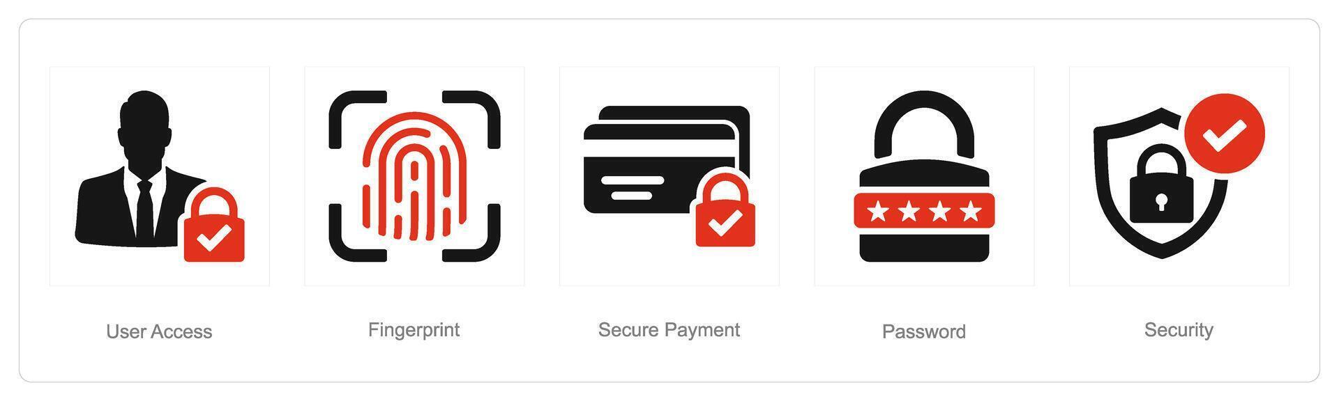 A set of 5 Cyber Security icons as user access, fingerprint, secure payment vector