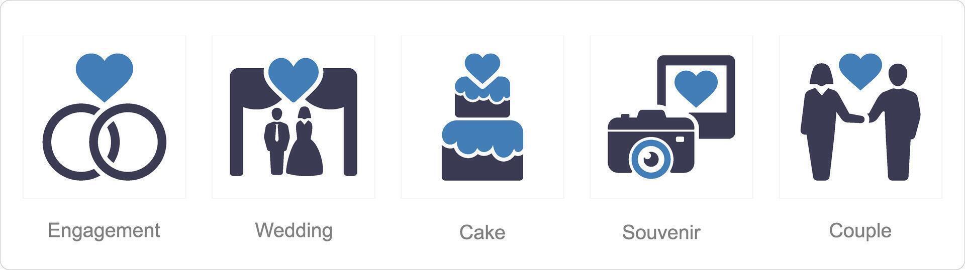 A set of 5 Honeymoon icons as engagement, wedding, cake vector