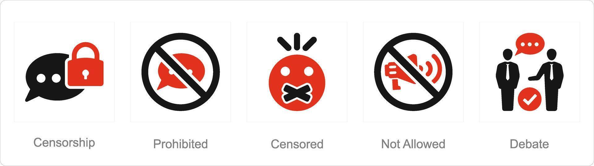 A set of 5 Freedom of Speech icons as censorship, prohibited, censored vector