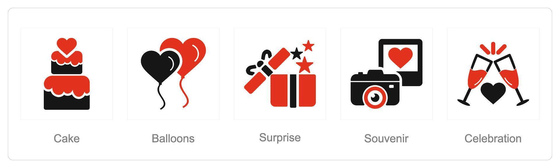 A set of 5 Honeymoon icons as cake, balloons, surprise vector