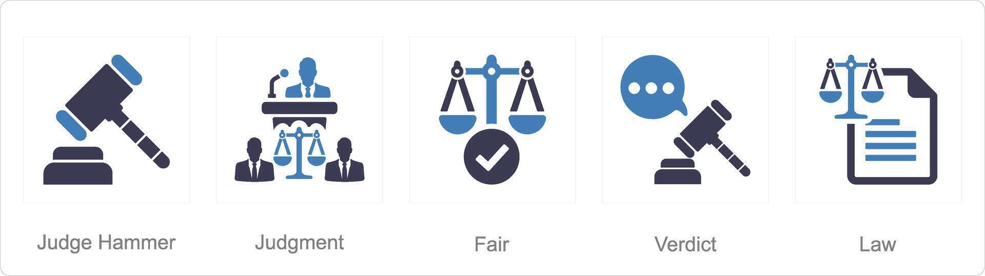 A set of 5 Justice icons as judge hammer, judgement, fair vector