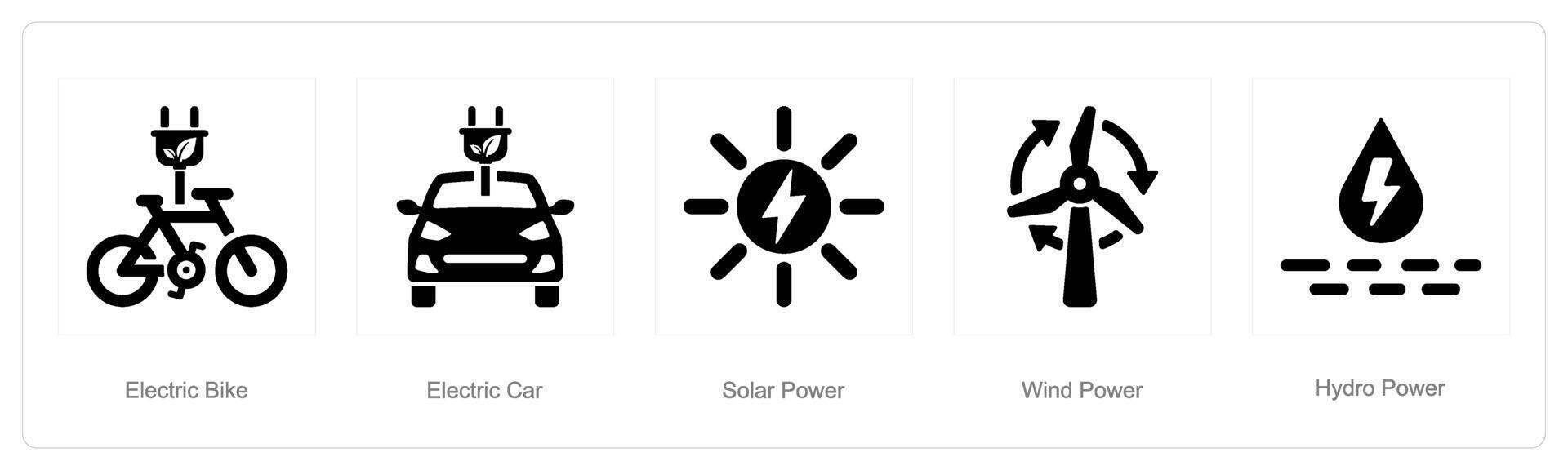 A set of 5 ecology icons as electric bike, electric car, solar power vector