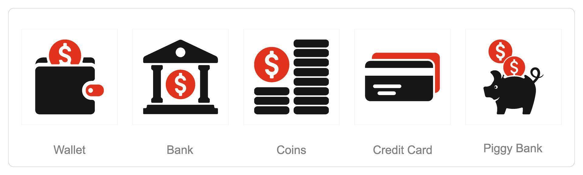 A set of 5 Finance icons as wallet, bank, coins vector