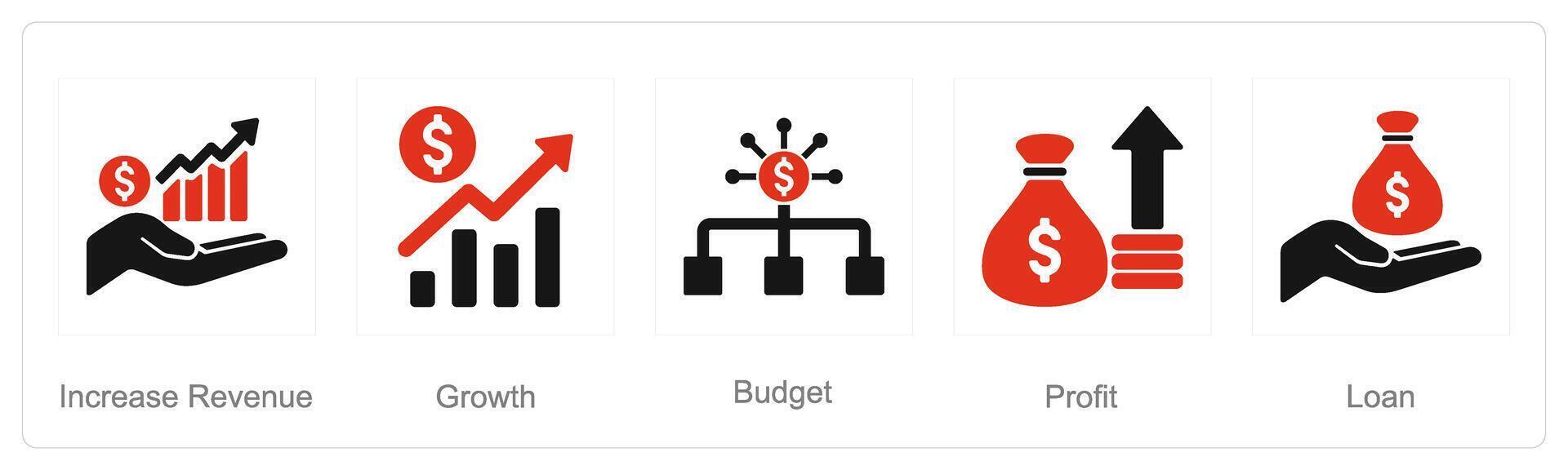 A set of 5 Finance icons as increase revenue, growth, budget vector