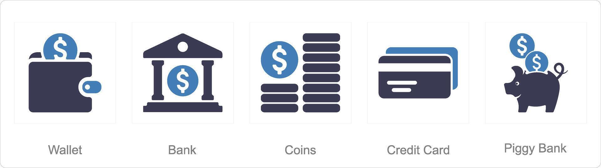 A set of 5 Finance icons as wallet, bank, coins vector
