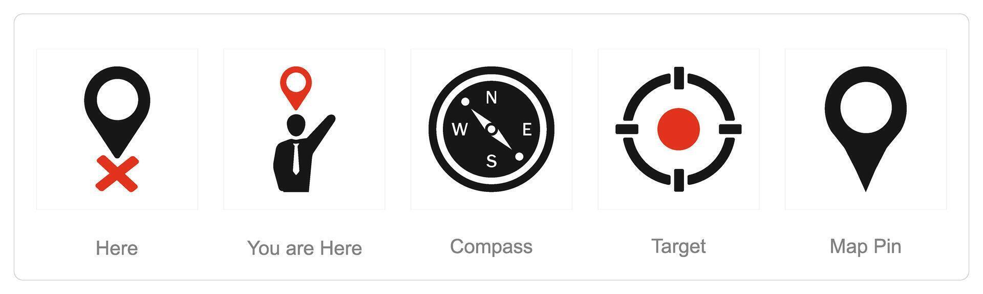 A set of 5 Location icons as here, you are here, compass vector