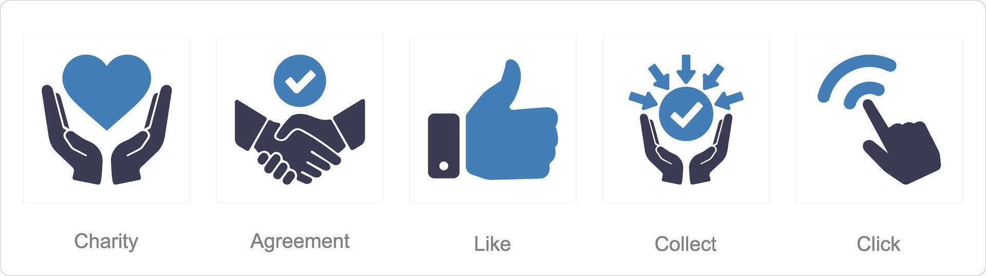 A set of 5 Hands icons as charity, agreement, like vector