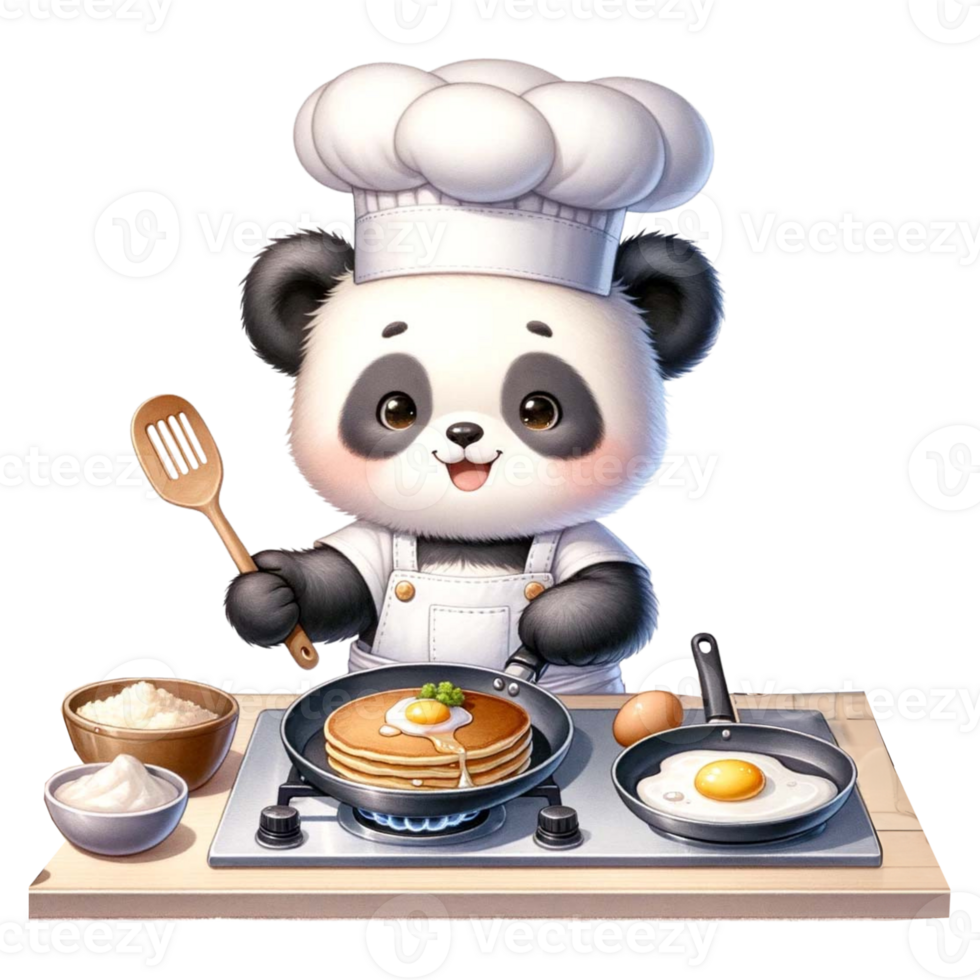 AI generated Panda Chef cooking breakfast, with pancake and egg watercolor Clipart AI Generate png