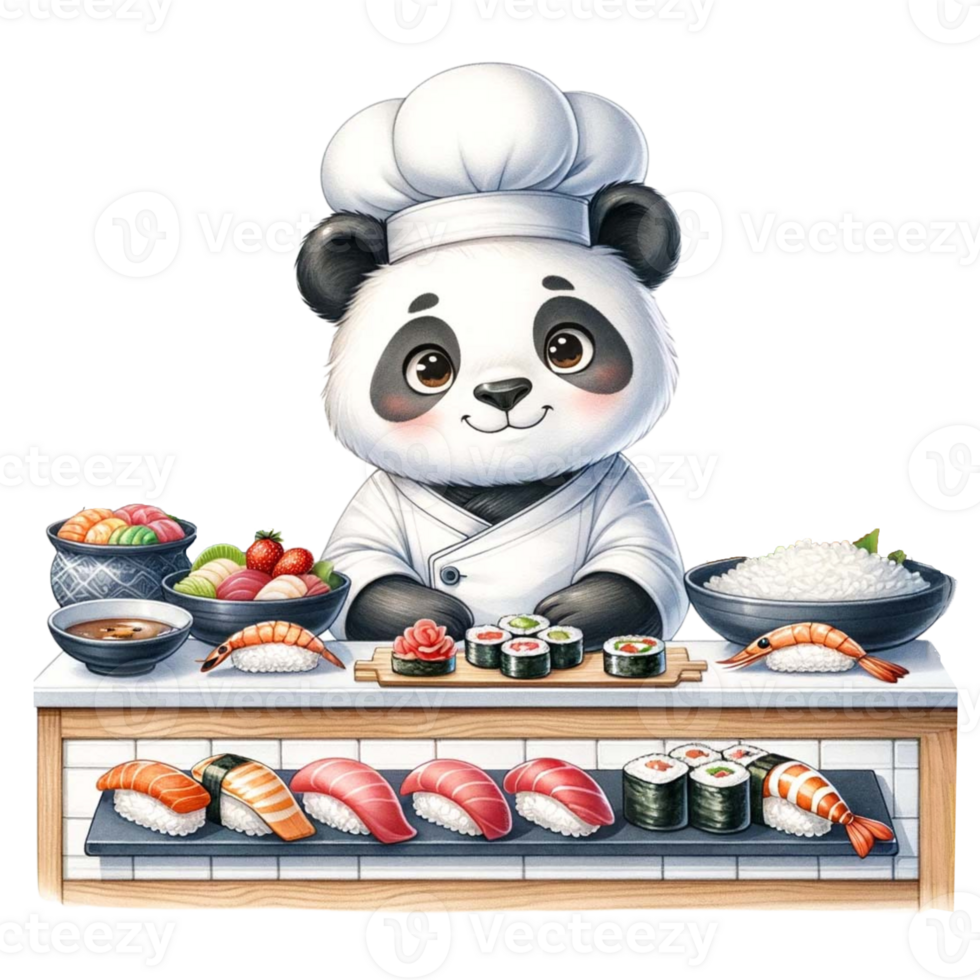 AI generated Panda Chef with Sushi watercolor Clipart AI Generate png