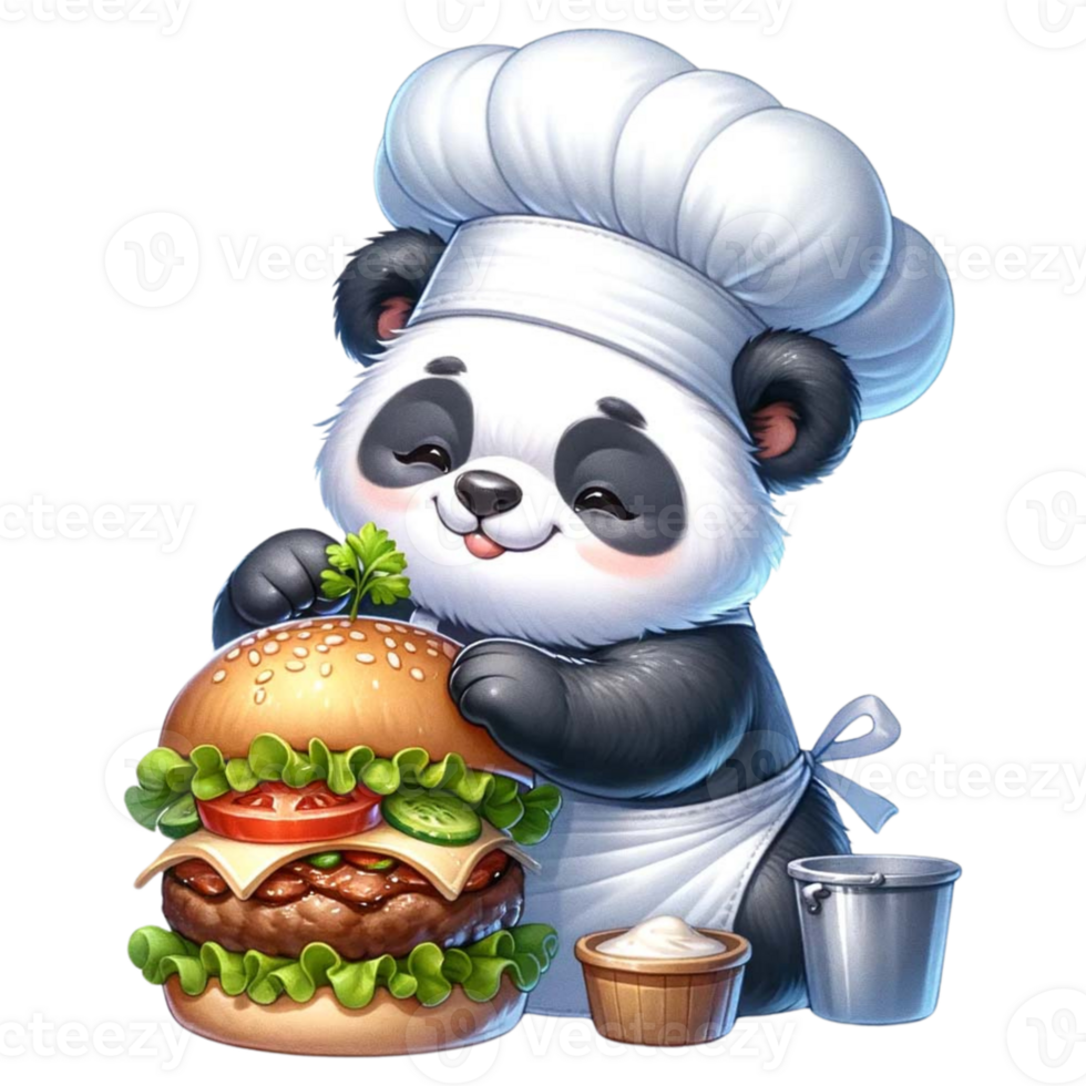 AI generated Panda Chef putting the finishing touches on a gourmet burger watercolor Clipart AI Generate png
